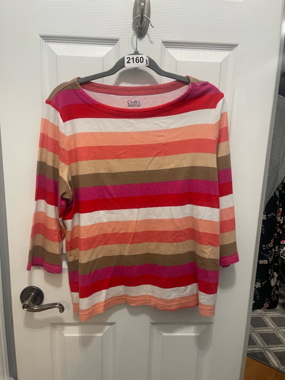 croft & barrow Striped Boatneck Top in Pink, Coral, White, Brown